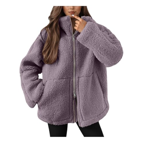 Teddy Fleecejacke Damen, Strickjacke Dicke Fleecejacke Damen Beige Freizeit Teddy Jacke Plüschjacke Einfarbig Kuscheljacke Winterjacke Doppelschneidiger Oversize Jacke Warme Strickfleecejacke von Hsternexy