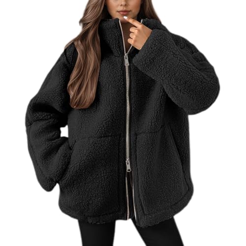 Teddy Fleecejacke Damen, Strickjacke Dicke Fleecejacke Damen Beige Freizeit Teddy Jacke Plüschjacke Einfarbig Kuscheljacke Winterjacke Doppelschneidiger Oversize Jacke Warme Strickfleecejacke von Hsternexy