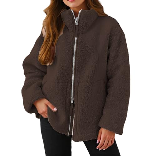 Teddy Fleecejacke Damen, Strickjacke Dicke Fleecejacke Damen Beige Freizeit Teddy Jacke Plüschjacke Einfarbig Kuscheljacke Winterjacke Doppelschneidiger Oversize Jacke Warme Strickfleecejacke von Hsternexy