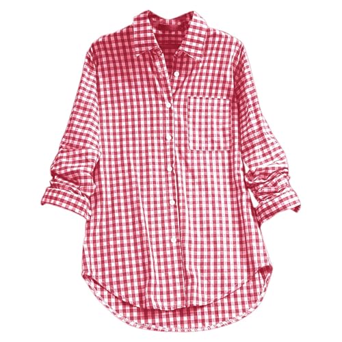 Trachtenbluse Damen Kariert - Rot Weiß Karohemd Trachten Baumwolle Leinen Oktoberfest Bluse Große Größen Trachtenhemd Trachtenmode Knopfleiste Tuniken Hemdbluse von Hsternexy