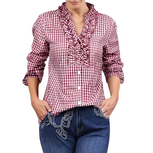 Trachtenbluse Damen Kariert - Rot Weiß Karohemd Trachten Baumwolle Leinen Oktoberfest Bluse Große Größen Trachtenhemd Trachtenmode Knopfleiste Tuniken Hemdbluse von Hsternexy