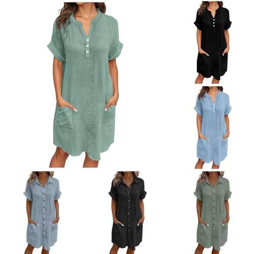 Tunika Damen Große Größen,Musselin Kleid Damen V-Ausschnitt Sommerkleid - Strandkleid Luftig Knielang Freizeitkleid Einfarbig Elegant Midikleid Hemdkleid Leicht Tunika Shirtkleid von Hsternexy