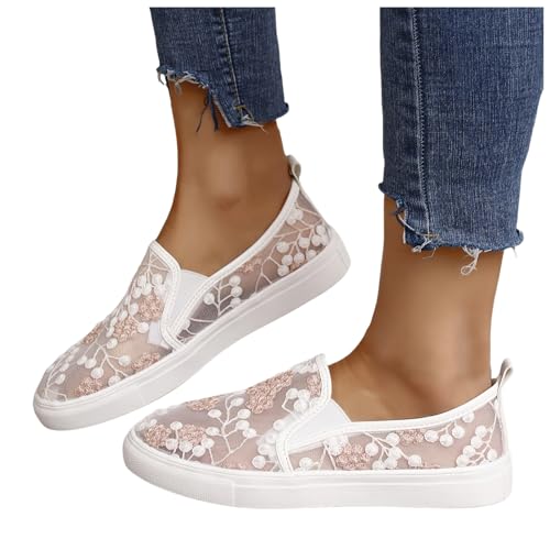 Weiße Sneaker Damen Zum Kleid,Trachtenschuhe Damen Flach Dirndl Trachten Schuhe Freizeitschuhe Mesh Spitzen Atmungsaktive Elegante Brautschuhe Turnschuhe Leichte Stoffschuhe Sommer Braut Sneaker von Hsternexy