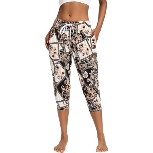 Yogahose Damen Lang, Haremshose Damen Leicht Sporthose Kurz 3/4 Caprihose Sommerhose Sommer Knielange Capri Yogahose Pumphose Boho Elastische Taille Stoffhose Freizeit Pilates Aladinhose Strandhose von Hsternexy