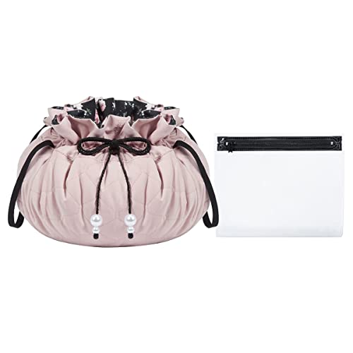 Hsthe Sea Kosmetiktasche mit Kordelzug, Die Flat Lay Schminktasche, Kosmetiktasche Schminktasche, One-Step Organizer Makeup Tasche Kosmetikbeutel für Lazy Damen (Rosa) von Hsthe Sea