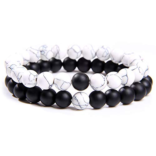HstiaLving 2 Stück Echtes Naturstein Armband, Pärchen-Armband Schwarz Weiß Stein Elastisches Perlenarmbände Handmade Echte Verstellbar Schwarz Matt Achat & White Howlith für Liebhaber Teens Freunde von HstiaLving