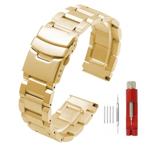 Hstrap Goldfarbenes Edelstahl-Uhrenarmband, gebürstete Oberfläche, 18 mm, 20 mm, 22 mm, 24 mm, Doppelschnalle von Hstrap