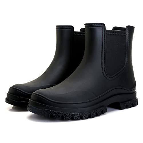 Hsttgsr Damen Regenstiefel, Bequeme Elastische Erwachsene Stiefeletten Mode Mid Heel Chelsea Boots Wasserdicht Rutschfest Chunky Plateau Stollensohle Kurze Gartenstiefel, Schwarz, 8.5 US von Hsttgsr