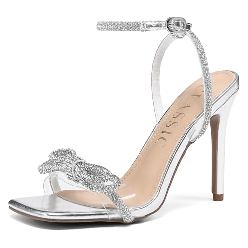 Hsttgsr Silberne Absätze für Damen – elegante High Heels Sandalen für Hochzeit, elegante silberne Schuhe für Damen, klare Absätze für Braut und Abendpartys, silber, 38.5 EU von Hsttgsr