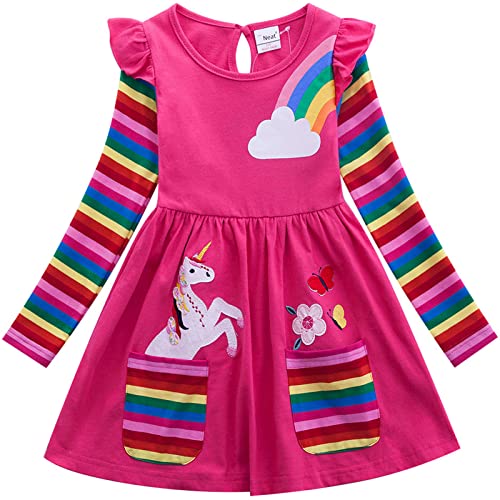 Hstyle Mädchen Kleid Casual Baumwolle Kleid T Shirt Kleider Cartoon Print elastische Taille Kleider 3-8 Jahre von Hstyle