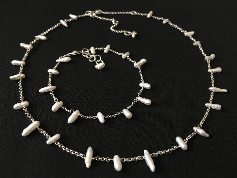 Lattenzaun - Süßwasser Perle Und Sterling Silber Halskette, Armband & Ohrringe von HsuDesignStudio
