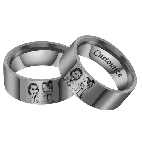 Hsumonre Personalisieren Sie den Ring für Mutter-Tochter-Paar mit eingraviertem Foto im Inneren individuellem Text Muttertagsgeschenk Geburtstag Jahrestag Bändern 8 mm Titanstahl (Silber) von Hsumonre