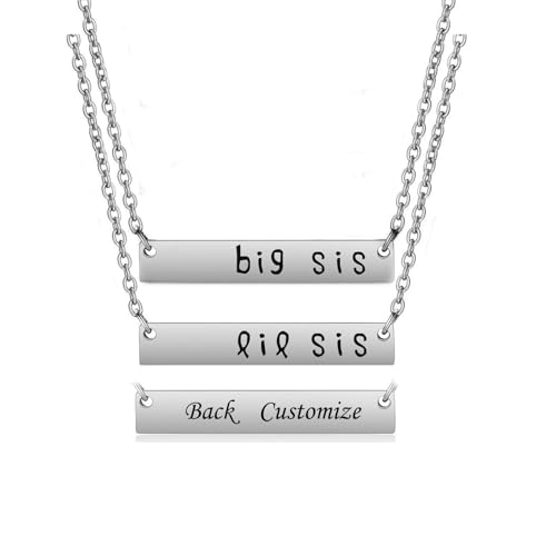 Hsumonre Personalisierte Bar Sisters-Halskette personalisierter Big Sis Lil Sis-Anhänger Muttertag Tochter Schwestern Geschenk auf der Rückseite Text eingraviert LED-Box (Silber-EIN PAAR) von Hsumonre