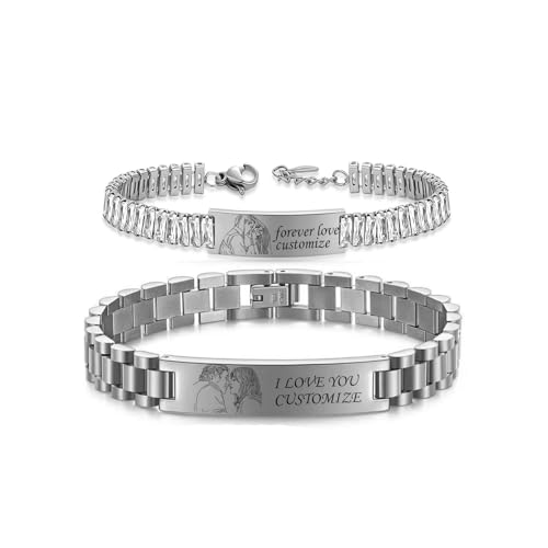 Hsumonre Personalisierte Foto-Paar-Armbänder Kundenspezifisches Bildarmband für Sie und ihn-Skizze Text Gravierbare ID Gliederkette Zirkonia Armband Anpassen für BF und GF Männer Frauen (Silber) von Hsumonre