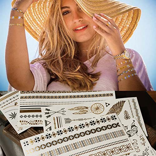 8 Blätte Wasserdicht Metallic Temporäre Tattoo,Metallic Flash Tattoos in Gold und Silber,Flash Temporäre Tattoos Sticker Armband,Glitzer Tattoo für Frauen Jugendliche Mädchen Festival Party Accessoire von Hsupez