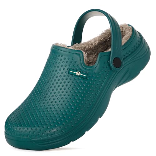 Herren Damen Gefüttert Clogs Winter Wasserdicht Hausschuhe Slip On Gartenschuhe rutschfest Home House Slipper Indoor Outdoor Pantoletten mit weichem Fleecefutter, Grün , 11 Women/10 Men von Hsyooes