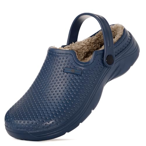 Herren Damen Gefüttert Clogs Winter Wasserdicht Hausschuhe Slip On Gartenschuhe rutschfest Home House Slipper Indoor Outdoor Pantoletten mit weichem Fleecefutter, Tiefes Blau, 8 Women/7 Men von Hsyooes