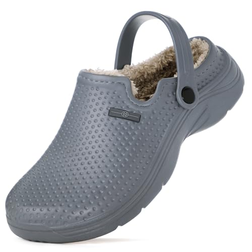 Herren Damen Gefüttert Clogs Winter Wasserdicht Hausschuhe Slip On Gartenschuhe rutschfest Home House Slipper Indoor Outdoor Pantoletten mit weichem Fleecefutter, Tiefes grau, 6.5 Women/5 Men von Hsyooes