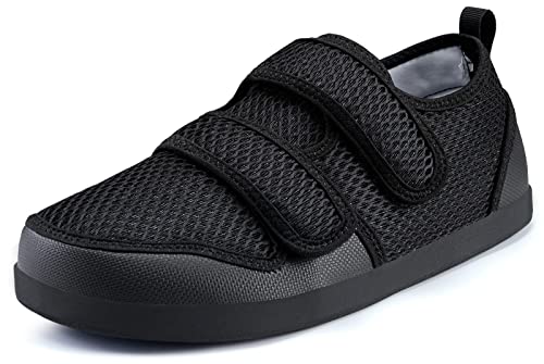 Hsyooes Herren Hausschuhe Damen Klettverschluss Freizeitschuhe Extra Weit Verstellbare Sandalen Atmungsaktiv Rutschfest Bequemer Senioren 45 EU Schwarz-A von Hsyooes