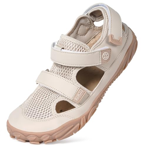 Hsyooes Barfußschuhe Herren Sportsandalen Damen Aquaschuhe Verstellbare Strandschuhe Weit Wandersandalen Schnell Trocknend Surfschuhe Sommer Beige EU41=Hersteller 42 von Hsyooes