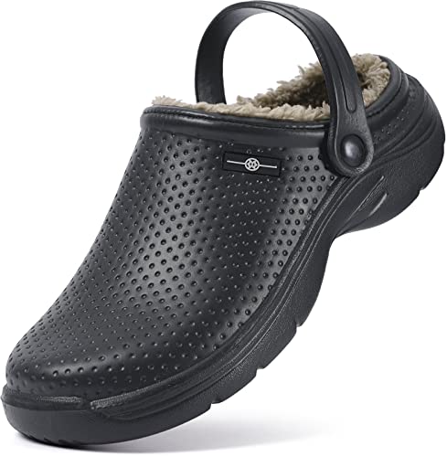 Hsyooes Clogs Damen Winter Gartenschuhe Herren Gefütterte Hausschuhe Wasserdicht Plüsch Pantoletten Leichte Gartenclogs Warm Eva Clogs 43EU Schwarz-A von Hsyooes