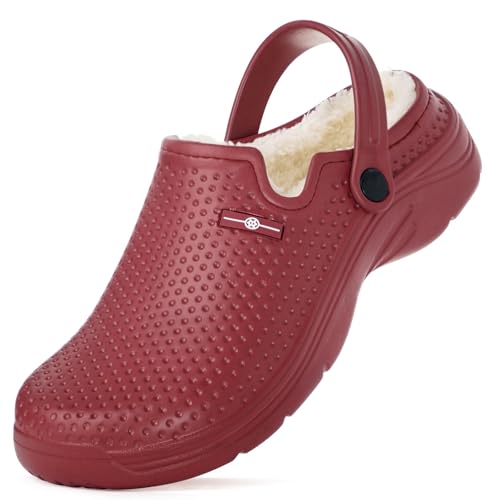 Hsyooes Clogs Damen Winter Gartenschuhe Herren Gefütterte Hausschuhe Wasserdicht Plüsch Pantoletten Leichte Gartenclogs Warm Eva Clogs 44 EU Rot-A von Hsyooes