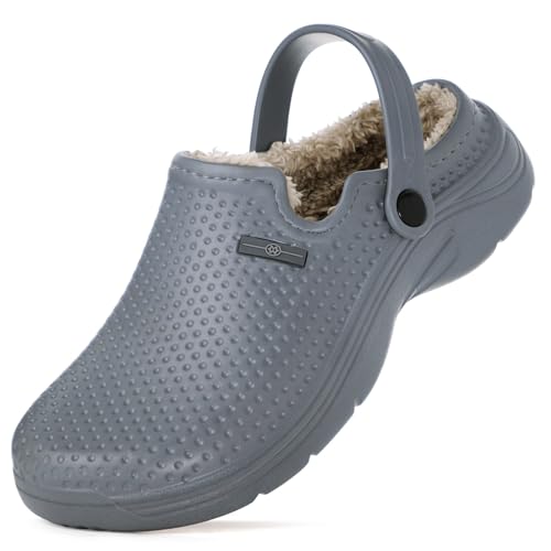 Hsyooes Clogs Damen Winter Gartenschuhe Herren Gefütterte Hausschuhe Wasserdicht Plüsch Pantoletten Leichte Gartenclogs Warm Eva Clogs Grau-A 45EU von Hsyooes