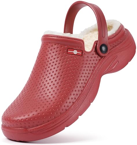 Hsyooes Clogs Damen Winter Gartenschuhe Herren Gefütterte Hausschuhe Wasserdicht Plüsch Pantoletten Leichte Gartenclogs Warm Eva Clogs Rot-A 43EU von Hsyooes