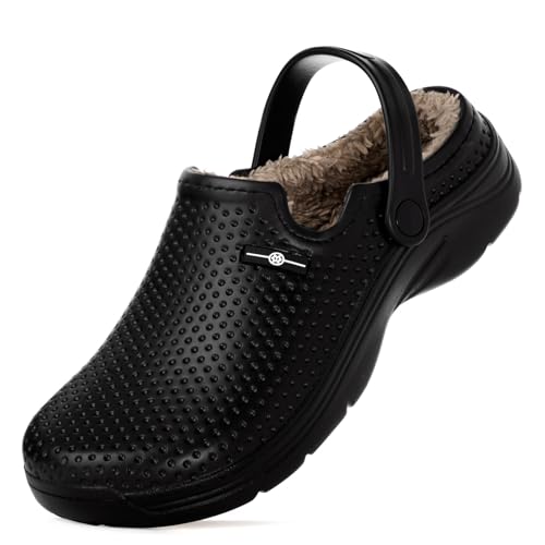Hsyooes Clogs Damen Winter Gartenschuhe Herren Gefütterte Hausschuhe Wasserdicht Plüsch Pantoletten Leichte Gartenclogs Warm Eva Clogs Schwarz-A 47EU von Hsyooes