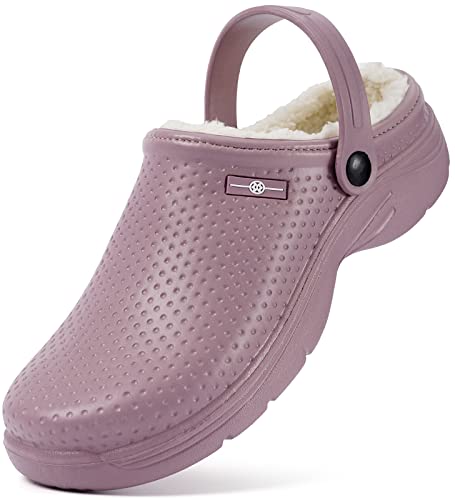 Hsyooes Clogs Damen Winter Gartenschuhe Herren Gefütterte Hausschuhe Wasserdicht Plüsch Pantoletten Leichte Gartenclogs Warm Eva Clogs Violett-A 42EU von Hsyooes