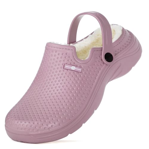 Hsyooes Clogs Damen Winter Gartenschuhe Herren Gefütterte Hausschuhe Wasserdicht Plüsch Pantoletten Leichte Gartenclogs Warm Eva Clogs Violett-A 42EU von Hsyooes