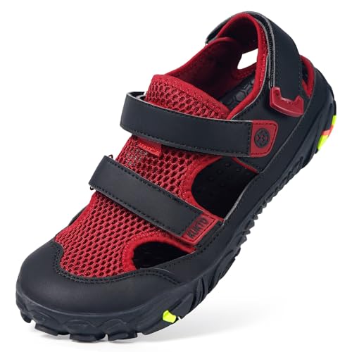 Hsyooes Damen Aquaschuhe Herren Barfußschuhe Sportsandalen Weit Wandersandalen Verstellbare Strandschuhe Schnell Trocknend Surfschuhe Atmungsaktiv Schwarz Rot EU41=Hersteller 42 von Hsyooes