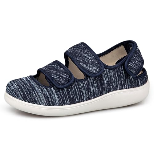 Hsyooes Hausschuhe Damen Klettverschlus Sandalen Herren Verstellbare Extra Weit Geschlossene Walkingschuhe Senioren Atmungsaktive Freizeitschuhe Rutschfest Blau EU38 von Hsyooes