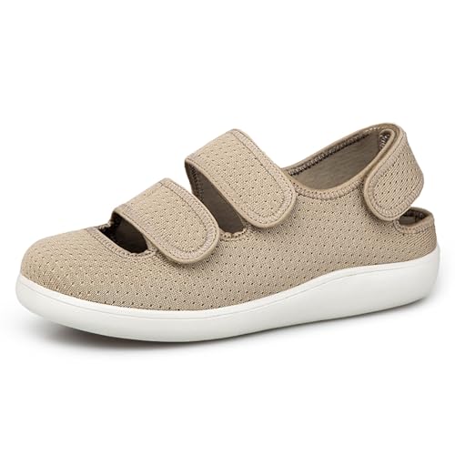 Hsyooes Hausschuhe Damen Klettverschlus Sandalen Herren Verstellbare Extra Weit Geschlossene Walkingschuhe Senioren Atmungsaktive Freizeitschuhe Rutschfest Braun EU43 von Hsyooes
