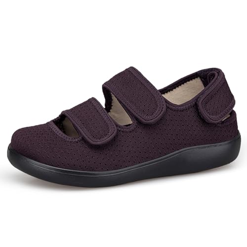 Hsyooes Hausschuhe Damen Klettverschlus Sandalen Herren Verstellbare Extra Weit Geschlossene Walkingschuhe Senioren Atmungsaktive Freizeitschuhe Rutschfest Lila EU37 von Hsyooes