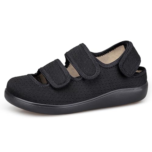 Hsyooes Hausschuhe Damen Klettverschlus Sandalen Herren Verstellbare Extra Weit Geschlossene Walkingschuhe Senioren Atmungsaktive Freizeitschuhe Rutschfest Schwarz EU40 von Hsyooes