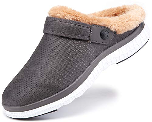 Hsyooes Hausschuhe Damen Wärme Clogs Herren Pantoffeln Plüsch Gartenschuhe Gefüttert Gartenclogs Puschen rutschfeste Hause Slippers Weiche Pantolette Leichte Hüttenschuhe Winter Dunkel grau-A 44EU von Hsyooes