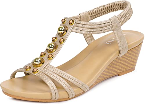 Hsyooes Plateau Sandalen Damen sandaletten mit keilabsatz Bohemia Sandalen Elegant Römersandalen Boho Schuhe Casual Strand Sommer,38 EU/Hersteller40,Gold D von Hsyooes