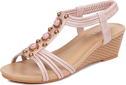 Hsyooes Plateau Sandalen Damen sandaletten mit keilabsatz Bohemia Sandalen Elegant Römersandalen Boho Schuhe Casual Strand Sommer,Rosa D,39 EU/Hersteller 41 von Hsyooes