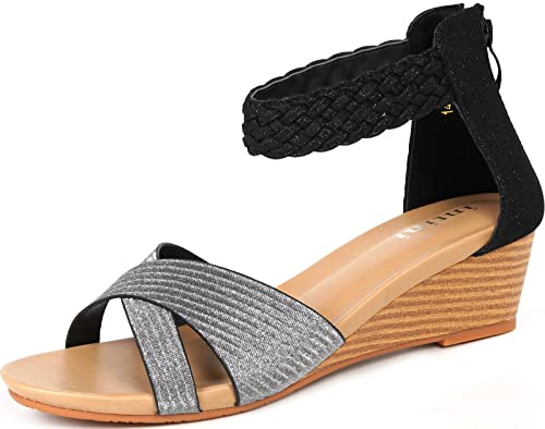 Hsyooes Plateau Sandalen Damen sandaletten mit keilabsatz Bohemia Sandalen Elegant Römersandalen Boho Schuhe Casual Strand Sommer,Schwarz E,EU 40=Hersteller41 von Hsyooes