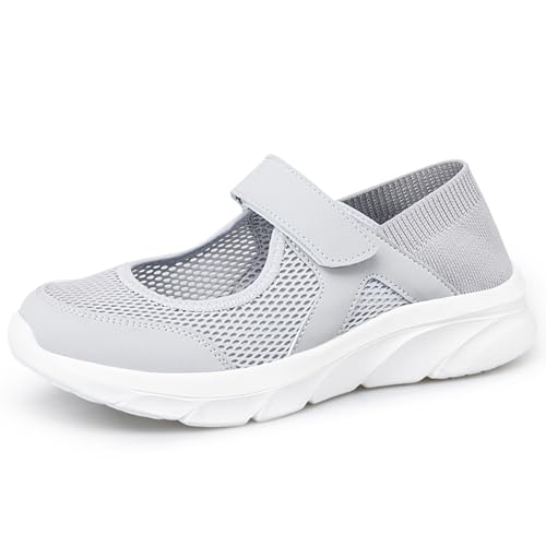 Hsyooes Sandalen Damen Walkingschuhe Klettverschluss Hausschuhe Atmungsaktiv Freizeitschuhe Leichter Krankenschwester Schuhe Bequemer Rutschfest Sommer Outdoor Grau EU37=Hersteller 38 von Hsyooes