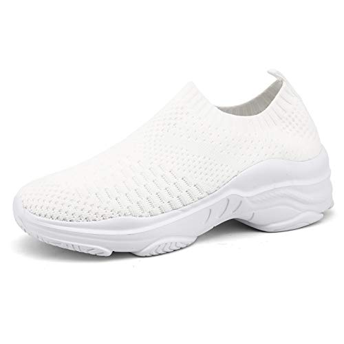 Hsyooes Walkingschuhe Damen Sneakers Bequem Laufschuhe Leichte Turnschuhe Fußgewölbe Wedges Sportschuhe Mode Straßenlaufschuhe Fitness Atmungsaktiv Freizeitschuhe Weiß-A 40EU von Hsyooes