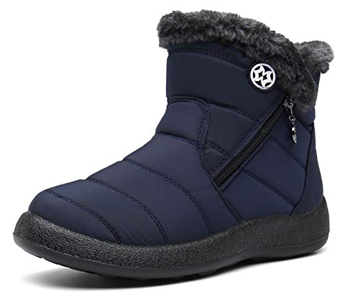 Hsyooes Winterstiefel Damen Wasserdicht Winterschuhe Warm Stiefeletten Winter Schneestiefe Gefüttert Kurzschaft Stiefel Rutschfeste Schlupfstiefel Boots Flach Blau A 40EU von Hsyooes