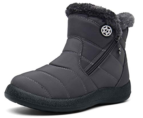 Hsyooes Winterstiefel Damen Wasserdicht Winterschuhe Warm Stiefeletten Winter Schneestiefe Gefüttert Kurzschaft Stiefel Rutschfeste Schlupfstiefel Boots Flach Grau A 42EU von Hsyooes