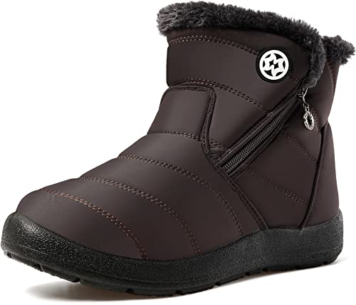 Hsyooes Winterstiefel Damen Wasserdicht Winterschuhe Warm Stiefeletten Winter Schneestiefe Gefüttert Kurzschaft Stiefel Rutschfeste Schlupfstiefel Boots Flach Kaffee A 42EU von Hsyooes