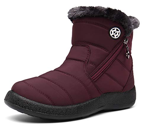 Hsyooes Winterstiefel Damen Wasserdicht Winterschuhe Warm Stiefeletten Winter Schneestiefe Gefüttert Kurzschaft Stiefel Rutschfeste Schlupfstiefel Boots Flach Rot A 42EU von Hsyooes