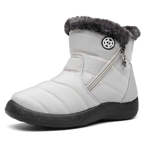 Hsyooes Winterstiefel Damen Wasserdicht Winterschuhe Warm Stiefeletten Winter Schneestiefe Gefüttert Kurzschaft Stiefel Rutschfeste Schlupfstiefel Boots Flach Beige A 41EU von Hsyooes