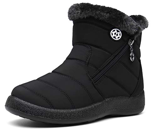 Hsyooes Winterstiefel Damen Wasserdicht Winterschuhe Warm Stiefeletten Winter Schneestiefe Gefüttert Kurzschaft Stiefel Rutschfeste Schlupfstiefel Boots Flach Schwarz A 36EU von Hsyooes