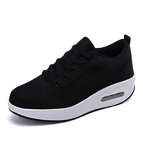 Laufschuhe Damen Plateau Turnschuhe Leicht Walkingschuhe Keilabsatz Freizeitschuhe Frauen Fitnessschuhe Atmungsaktiv Sportschuhe Bequeme Sneaker Schwarz D 39EU von Hsyooes