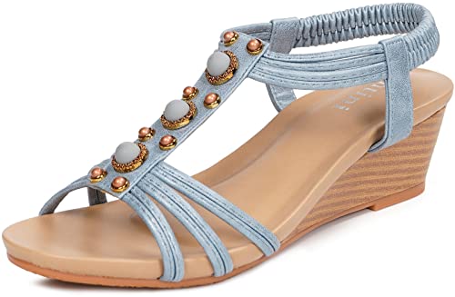 Hsyooes Plateau Sandalen Damen sandaletten mit keilabsatz Bohemia Sandalen Elegant Römersandalen Boho Schuhe Casual Strand Sommer,Blau D,37 EU/Hersteller 39 von Hsyooes